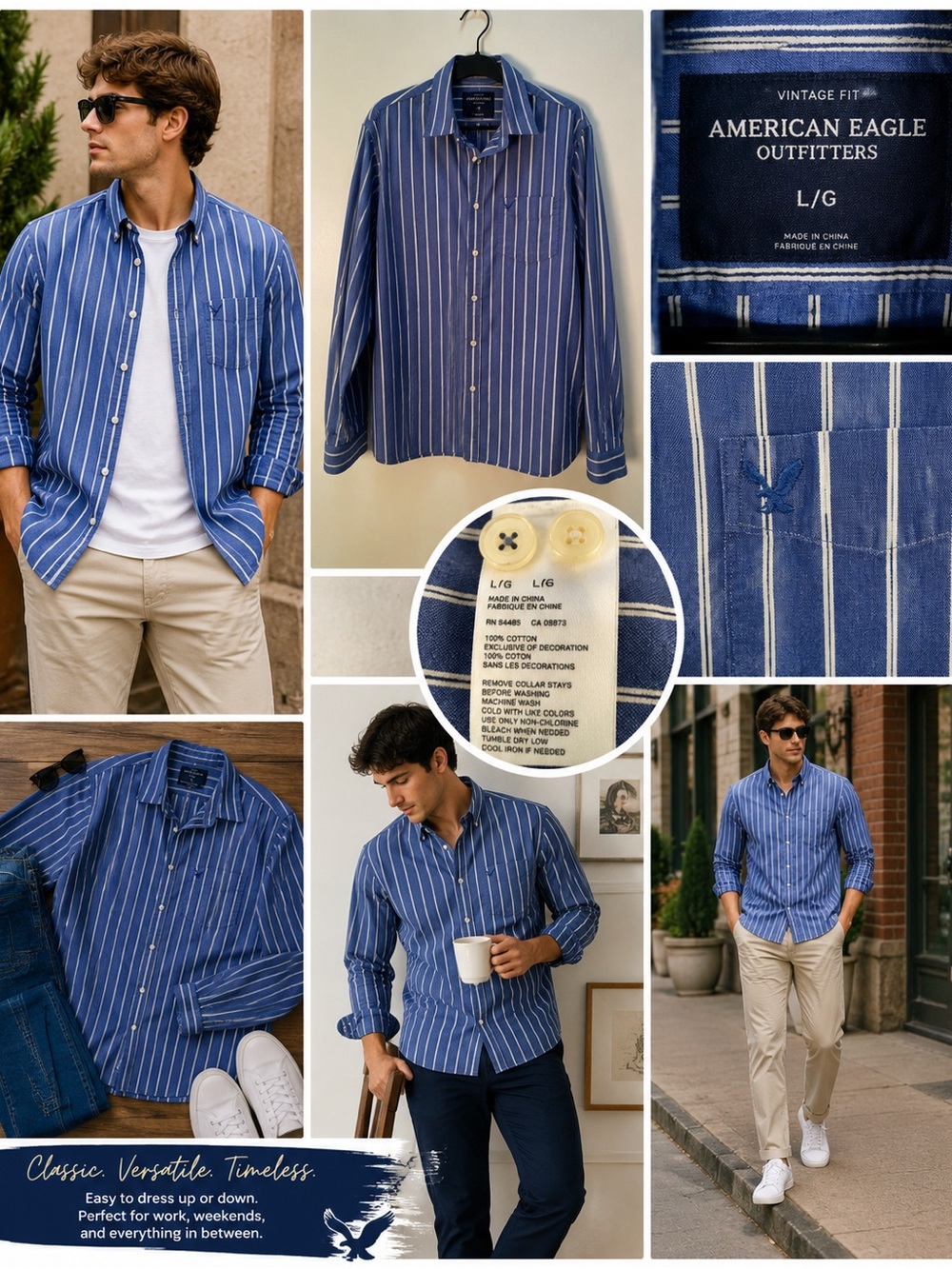 American Eagle Vintage Fit Shirt Large Blue White Stripe 100% Cotton Button Up